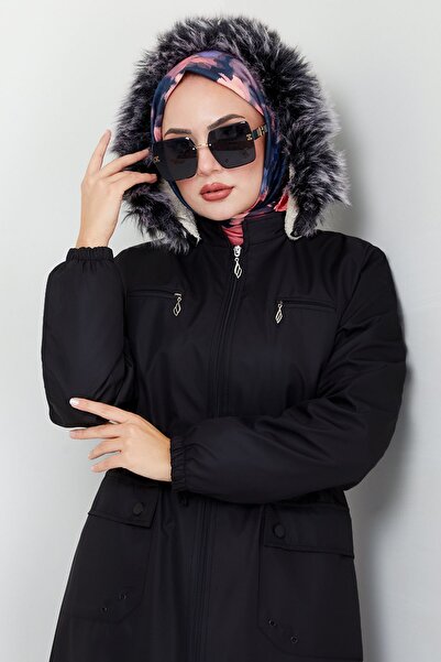 ModaMerve Trenci Bondit cu glugă din blană neagră - MSS0831-M