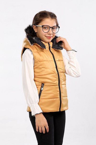 Go Veform Mustard Fur Hooded Children's Puffer Vest - Avm07273