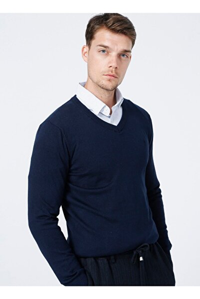 Fabrika الخامس الرقبة سترة رجالية زرقاء داكنة