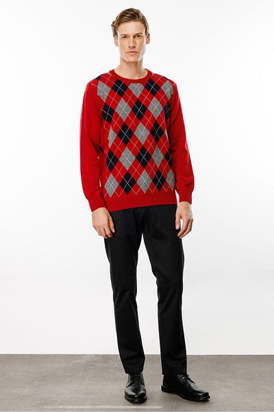 Desen Triko Men's Sweater - Null Collar, Diamond Pattern, Red