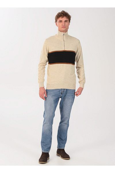 People By Fabrika Men's Block Sand Sweater - Zip Collar, 23Tr14 Model