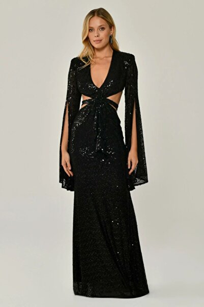 ALFABETA Dökümlü Uzun Kol V Yaka Payetli Uzun Elbise