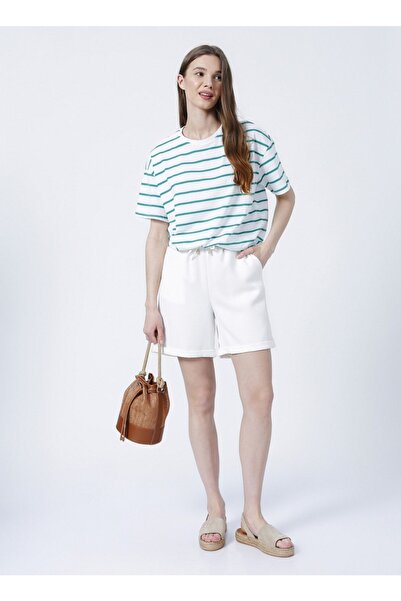 Fabrika Yeşil - Beyaz Kadın Bisiklet Yaka Basic T-Shirt K-MELISSA