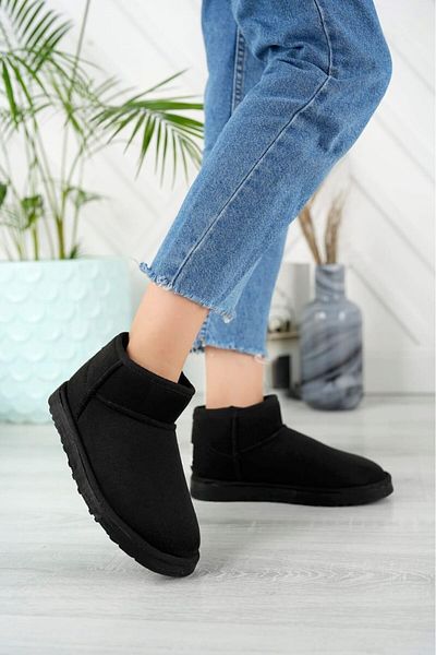 sfy shoes حذاء للكاحل من جلد الغزال الأسود - حذاء نسائي بنعل مسطح مع فرو من الداخل