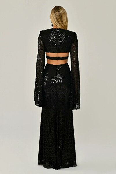 ALFABETA Dökümlü Uzun Kol V Yaka Payetli Uzun Elbise