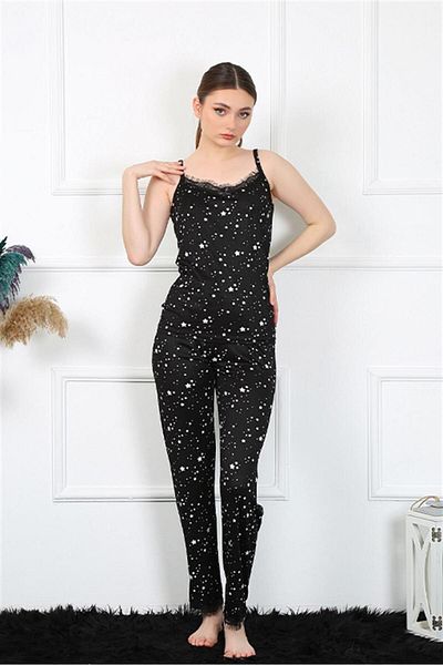 Akbeniz Costum de pijama neagră pentru femei Silks Fashion Line cu curea de frânghie 4137