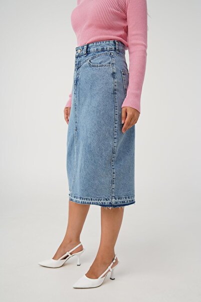 Hipo Trend Yırtmaçlı Yüksek Bel Midi Boy Kot Etek