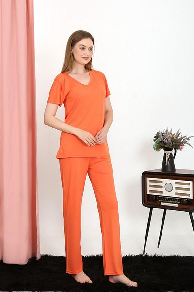 Akbeniz Orange Women's Pajama Set - Short Sleeve, Cotton Combed, 4213