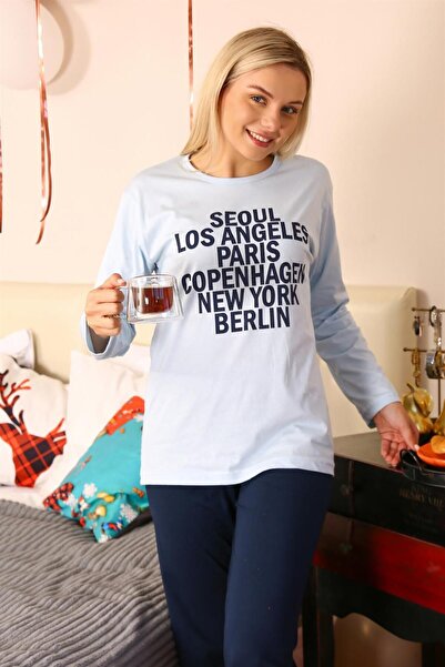 Akbeniz Set de pijamale din bumbac pieptănat cu mâneci lungi pentru femei 4174