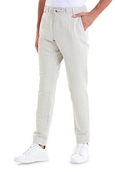 Hatemoğlu Bej Regular Fit Çizgili Yandan Cepli Keten Pantolon
