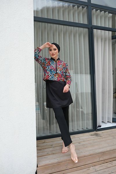 lurex moda Half Digital Printed Hijab Swimsuit