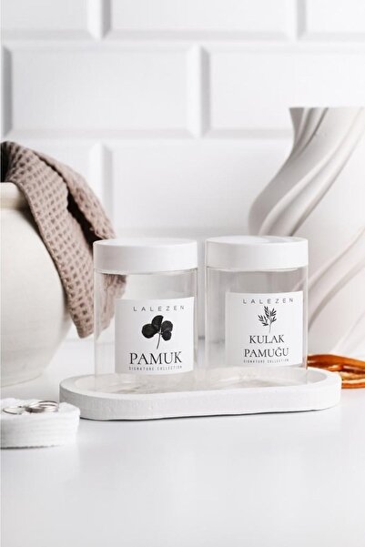 LALEZEN HOME Beyaz Stantlı Şeffaf Kulak Pamuğu Ve Pamuk Etiketli Kavanoz 200ml