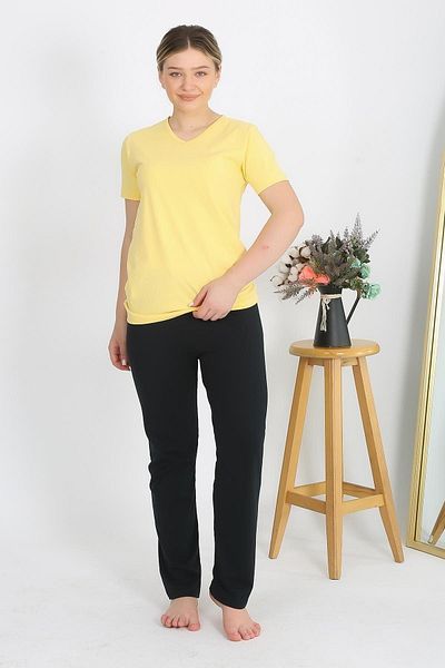 Akbeniz Women's Yellow Pajama Set - Short Sleeve, Cotton Combed, 4215