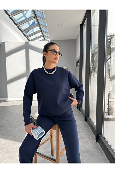 ESRAHELVACI Basic Navy Blue Sweatshirt Set