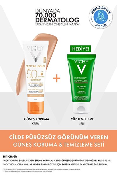 Vichy Pürüzsüz Görünüm İçin Cilt Bakım Seti: Capital Soleil Renkli Güneş Kremi SPF50+ &Yüz Temizleme Jeli
