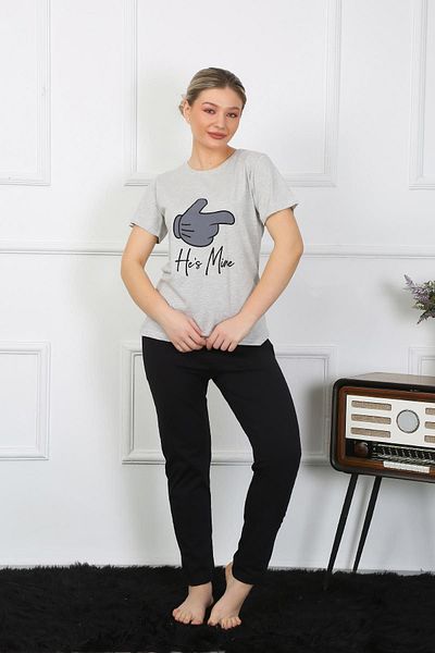 Akbeniz Γυναικεία Βαμβακερά Χτενισμένα Lover Σετ Πυτζάμες Γκρι 50126 Η τιμή είναι για ένα κοστούμι