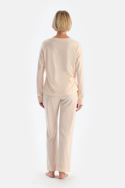 Dagi Combed Cotton Modal Pajama Set - Powder Boat Neck, Lace Detailed