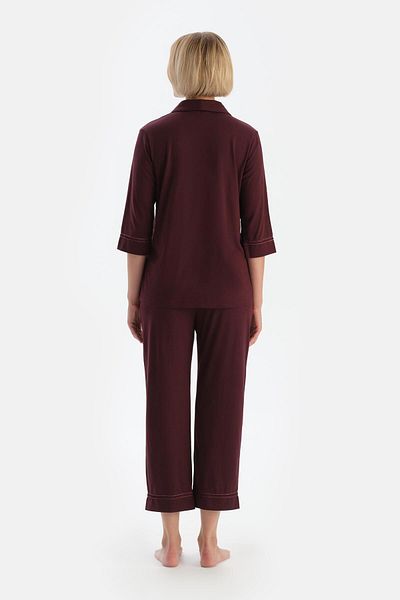 Dagi Combed Cotton Modal Shirt and Trousers Pajama Set - Claret Red Piping Detail and Pocket