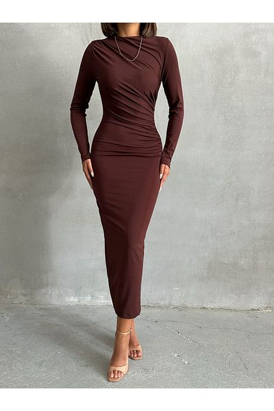 BEJNA Braunes, drapiertes, langes Damenkleid
