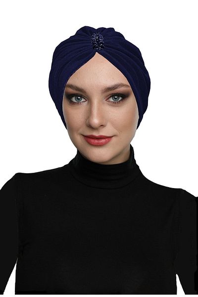 fidan bone Design Tulle Crystal Stone Embroidered Double-Sided Lined Navy Blue Ready-made Hijab Hijab Evening Dress Bonnet