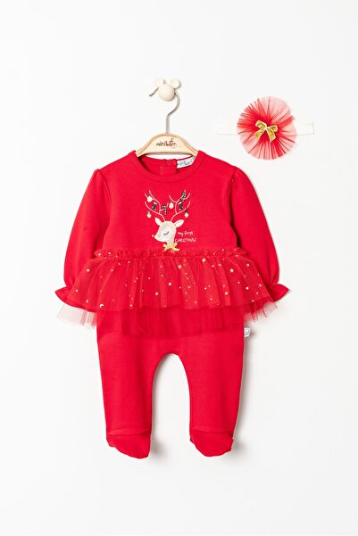MİNİBORN Red Long Sleeve Newborn Girl Jumpsuit Set - Gazelle Embroidered and Waist Tulle Detail