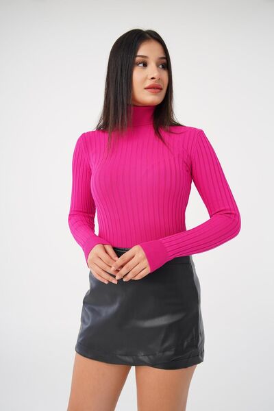 Hipo Trend Pulover elastic material reiat din tricot fucsia - Gât roșu