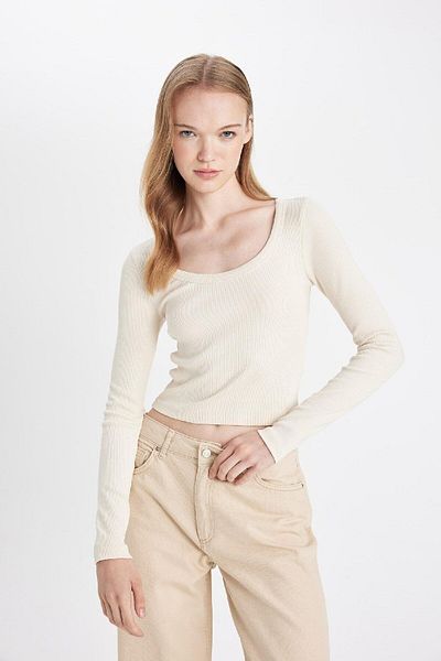 DeFacto U-Neck Ribbed Camisole T-Shirt - Long Sleeve, Fitted Basic Model C8192Ax24Au