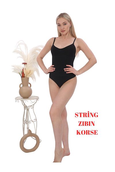 EMBA KORSE String Bodysuit Corset with Adjustable Straps and Snap Fasteners - Firming and Breast Enhancing