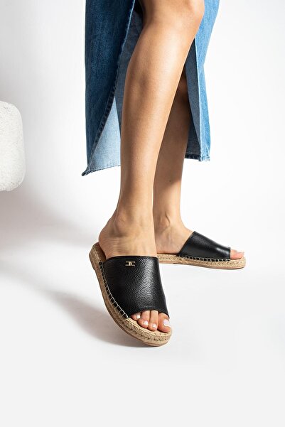 FOLLİNİ Μαύρες γυναικείες παντόφλες Espadrille από γνήσιο δέρμα