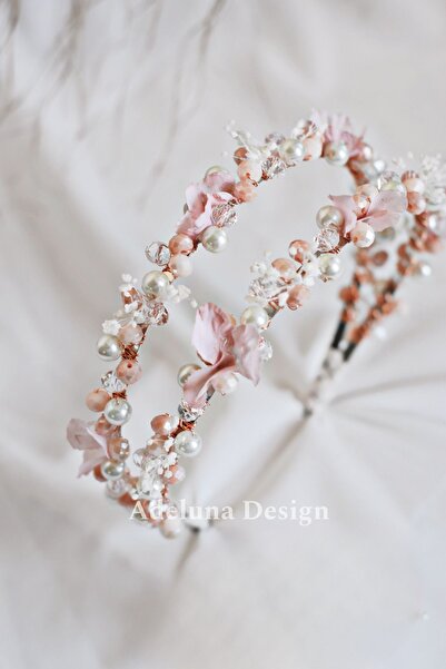 Tasarım Somon ve pudra kristalli lohusa anne bebek tacı