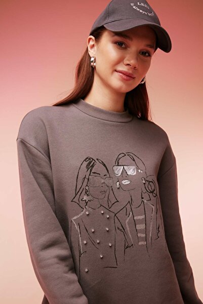 DeFacto Regular Fit Crew Neck Κεντημένο Μαλακό Γούνινο Λεπτό Φούτερ Tunic B5604ax23au