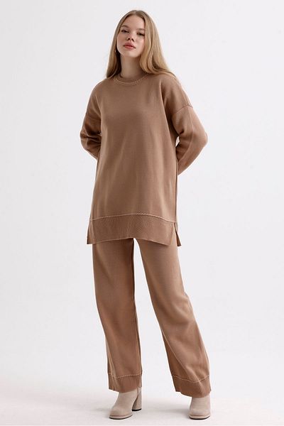 MD trend Women's Oversize Knitwear Set - Stripe Detailed Sweater and Slit Trousers