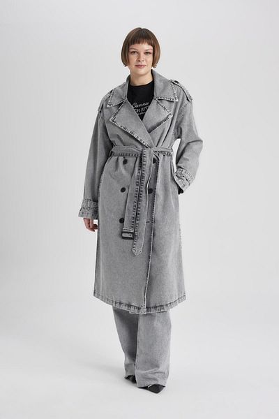 DeFacto Jeans Trench Coat with Croissant Neckline and Belt - Buttons Belt B7885Ax24Sp