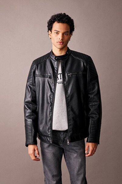 DeFacto Water Repellent Slim Fit Leather Coat - Stand Collar, Zippered Pocket, Seasonal A0490Ax23Au