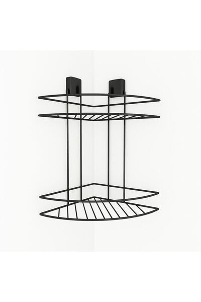 decorev Dekoratif Yapışkanlı Metal Iki Katlı Şampuanlık Köşe Askı Siyah