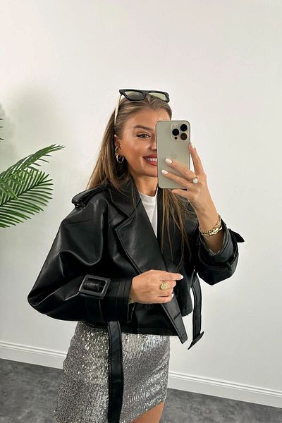 VESS MODA Стилно кожено яке с колан с ръкави и детайли