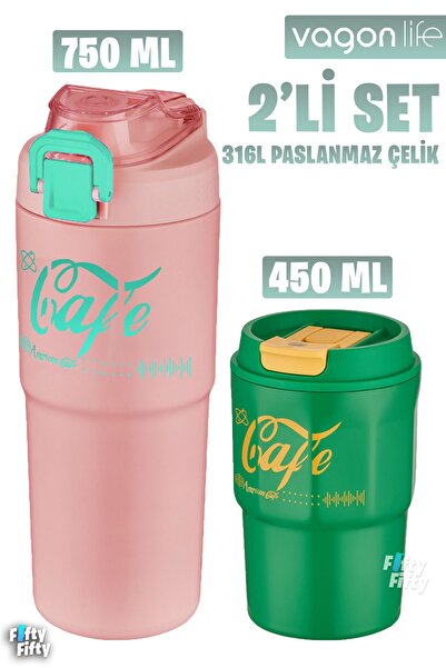 Vagonlife 2'li Çelik Termos-kahve Bardağı Seti 750ml Çift Kullanım Termos//45...