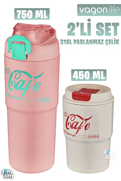 Vagonlife 2'li Çelik Termos-kahve Bardağı Seti 750ml Çift Kullanım Termos//45...