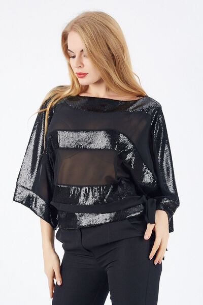 Sense Sequin Garnished Chiffon Blouse| Blz32684 Black