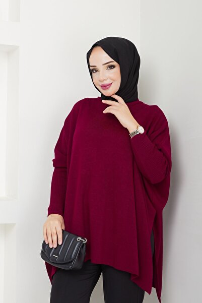MODAMERSİ Claret Red Hijab Knitwear Oversize Slit Women's Sweater