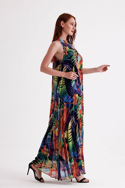 Sense Pleated and Patterned Long Chiffon Evening Dress - ELB35127SF Mixed Pattern