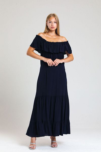 Sense Μακρύ φόρεμα Navy Blue Viscose - Degaje γιακά και ελαστικό γιακά (Elb34315)