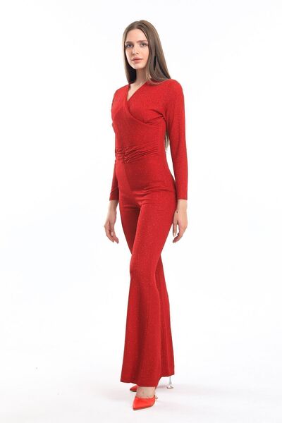 Sense Double-breasted Glitter Knitted Crepe Evening Dress Jumpsuit| Tlm34170 Red