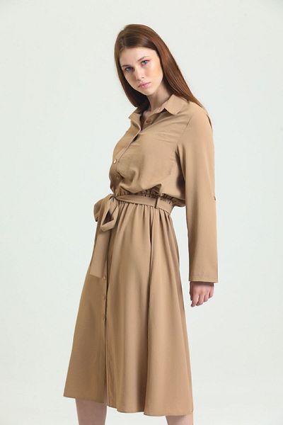 Sense Φόρεμα Polo Neck με κουμπιά μπροστά και ζώνη μακρυμάνικο Aerobin |   Elb33577 Βιζόν