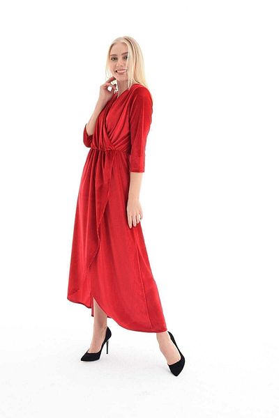 Sense Women's Red Double Breasted Collar Skirt Split Velvet Dress Elb31776