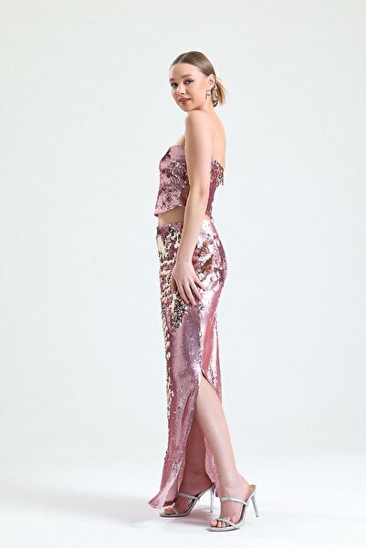 Sense Fusta de seară elegantă, tricotată, cu paiete strălucitoare, așezată pe corp |   Etk34902 Pudră