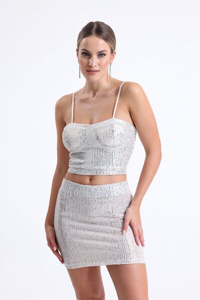 Sense Sequined Pencil Skirt Beige