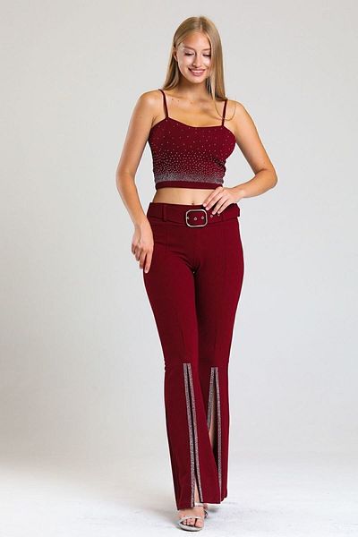 Sense Belted Legs Jewelled Scuba Crepe Evening Dress Plus Size Trousers| Pnt34185 Claret Red