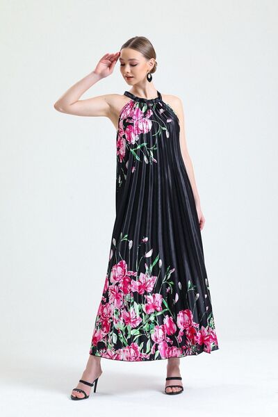 Sense Αμάνικο σατέν φόρεμα με ψηφιακή εκτύπωση με πλισέ λαιμόκοψη |   Elb34513 Μαύρο Floral