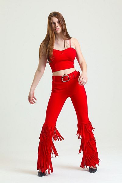 Sense Scuba Crepe Trousers with Belted Legs and Tassels| Pnt33396 Red